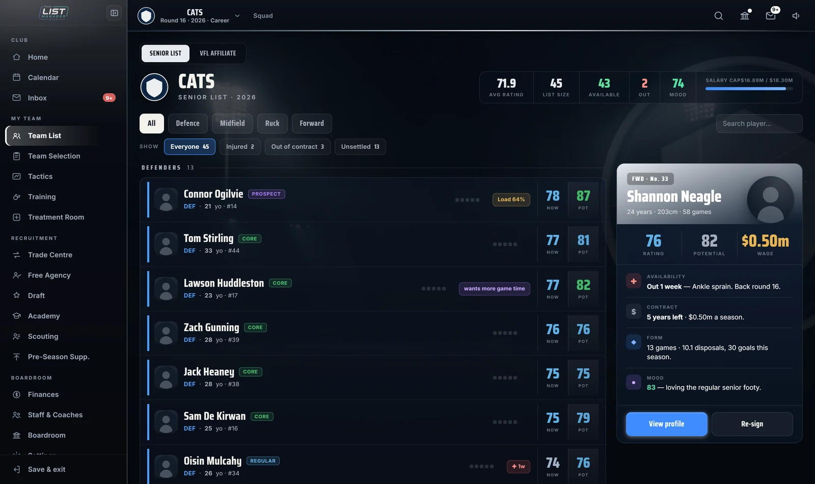 The team list