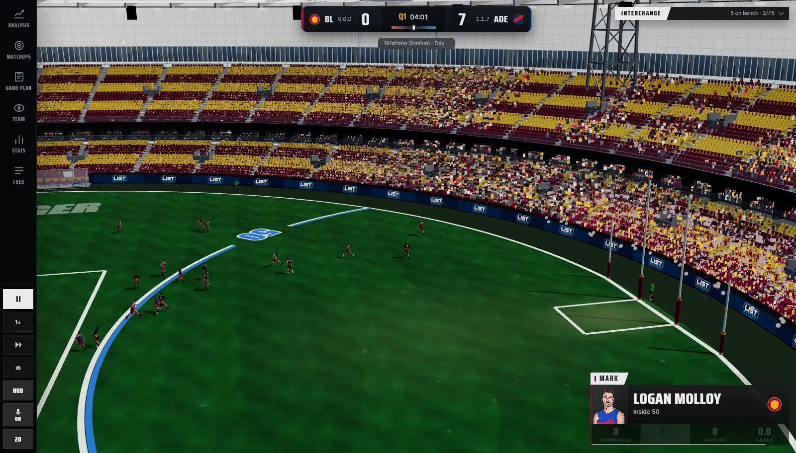 A match in 3D: the ground, the crowd and a mark called on screen